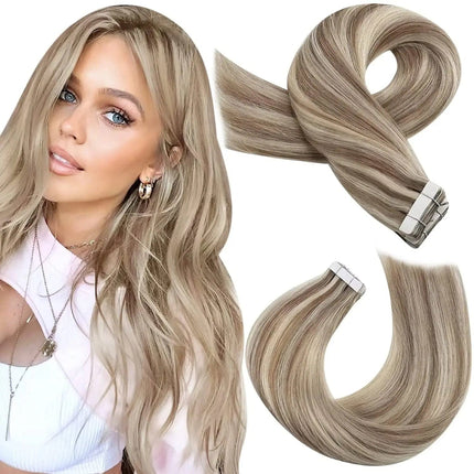 Extensions adhésives blond cendré longues pour un look naturel et élégant