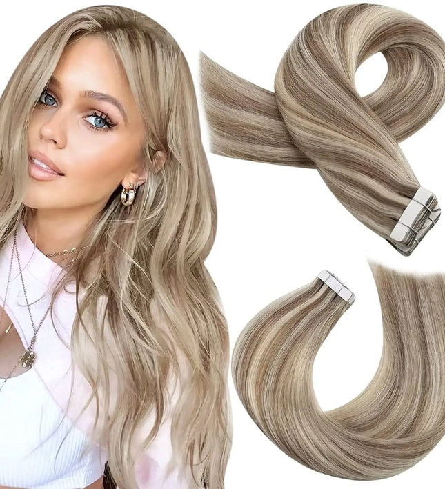 Extensions adhésives blond cendré longues pour un look naturel et élégant