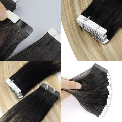 Extensions adhésives en cheveux naturels raides pour une coiffure longue élégante