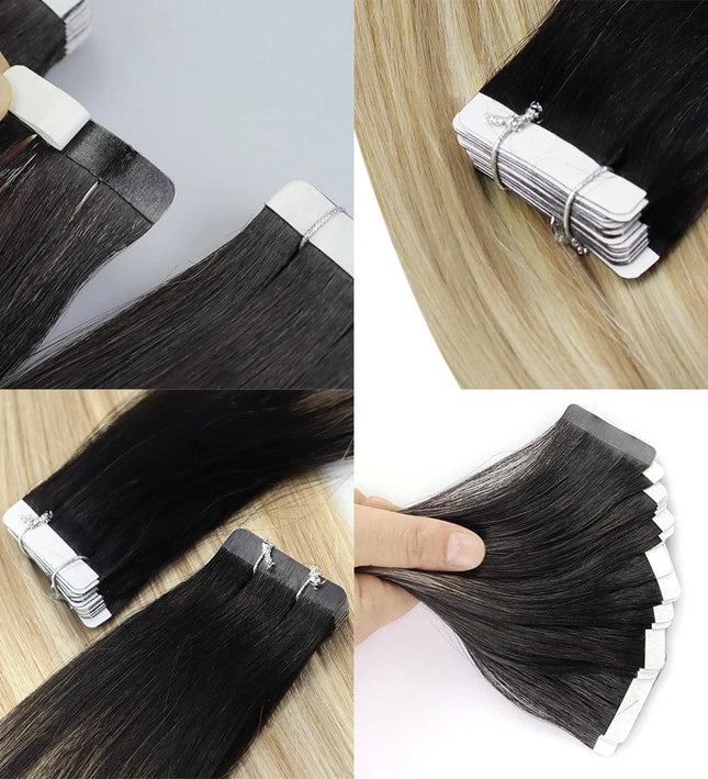 Extensions adhésives en cheveux naturels raides pour une coiffure longue élégante