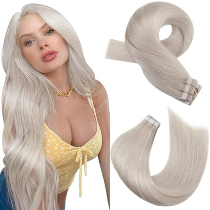 Extensions adhésives cheveux longs naturels lisses couleur platine pour un look élégant