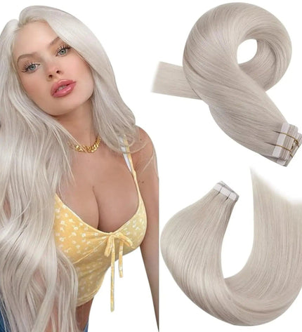 Extensions adhésives cheveux longs naturels lisses couleur platine pour un look élégant