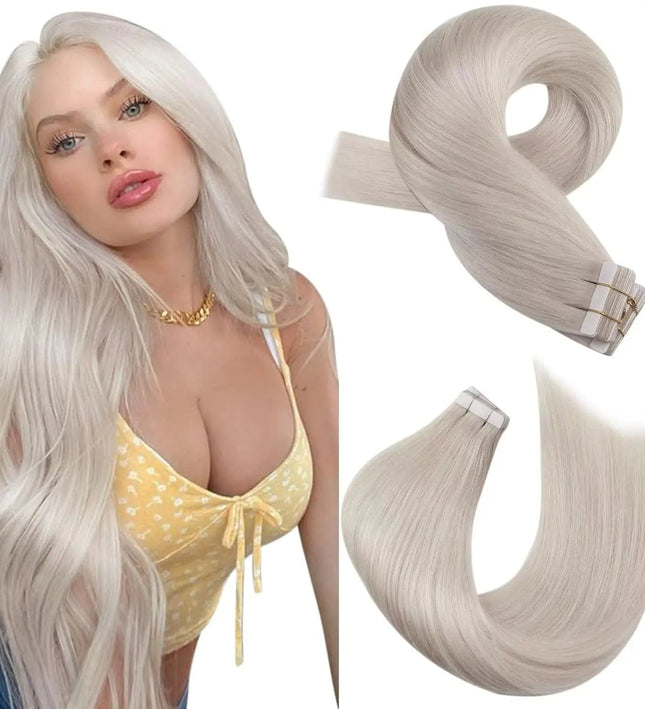 Extensions adhésives cheveux longs naturels lisses couleur platine pour un look élégant