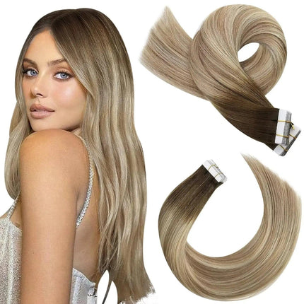 Extensions adhésives cheveux longs naturels raides en teinte châtain doré ombré élégante