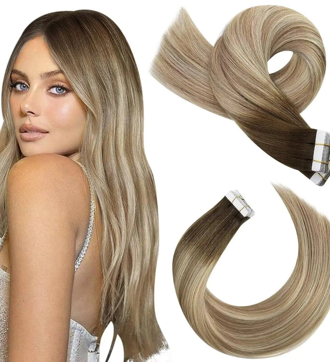 Extensions adhésives cheveux longs naturels raides en teinte châtain doré ombré élégante