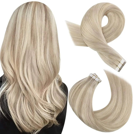 Extension adhésive blonde lisse pour cheveux longs naturels et élégants.