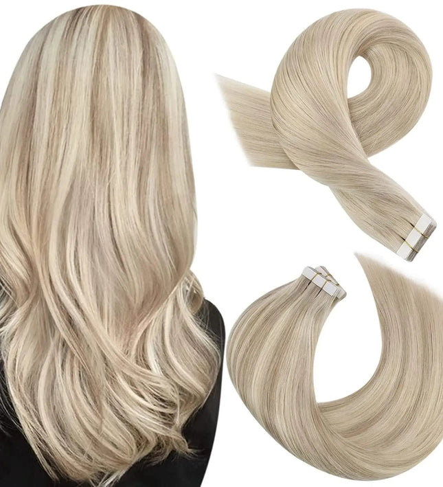 Extension adhésive blonde lisse pour cheveux longs naturels et élégants.