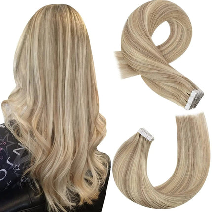 Extension adhésive blonde en cheveux naturels lisses pour un look élégant et raffiné