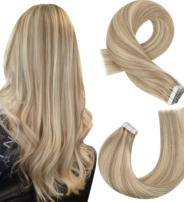 Extension adhésive blonde en cheveux naturels lisses pour un look élégant et raffiné