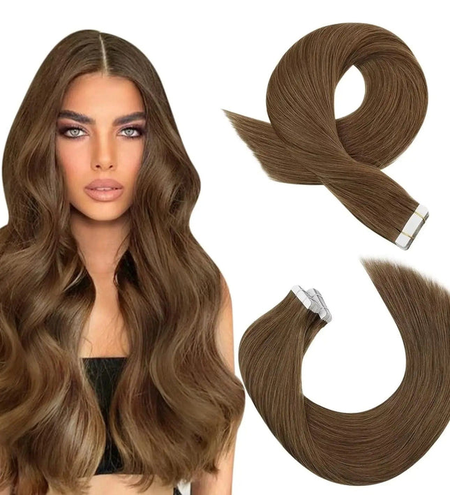 Extensions capillaires longues à bandes adhésives en cheveux naturels brun lisse et brillant