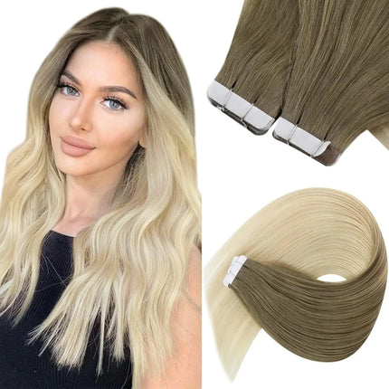 Extensions adhésives blond cendré et brun naturel pour cheveux longs et lisses