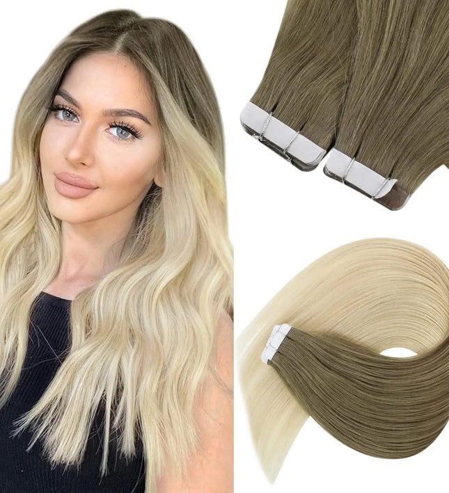 Extensions adhésives blond cendré et brun naturel pour cheveux longs et lisses