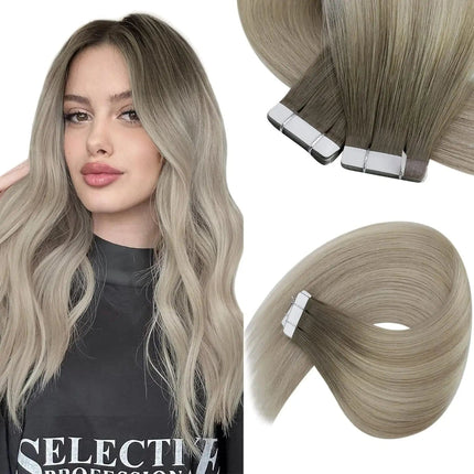 Extensions de cheveux adhésives couleur blond cendré pour un look naturel et élégant