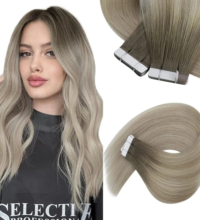 Extensions de cheveux adhésives couleur blond cendré pour un look naturel et élégant