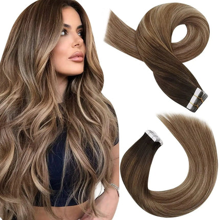 Extension adhésive cheveux naturels longs en brun ombré pour un effet volumineux et élégant