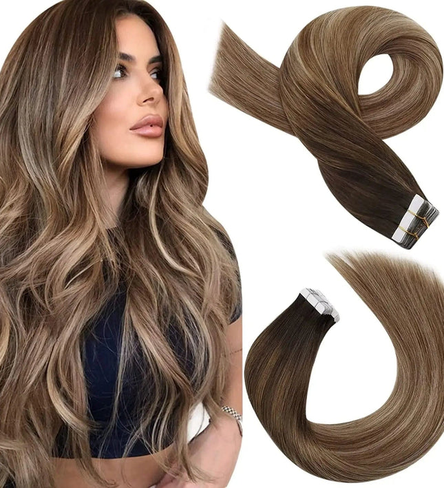 Extension adhésive cheveux naturels longs en brun ombré pour un effet volumineux et élégant