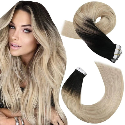 Extensions adhésives longues en cheveux naturels noir et blond dégradé pour un look élégant