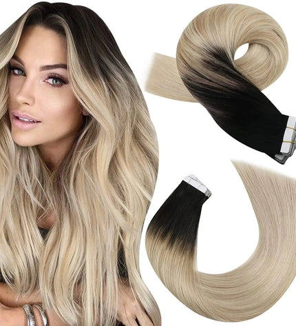 Extensions adhésives longues en cheveux naturels noir et blond dégradé pour un look élégant