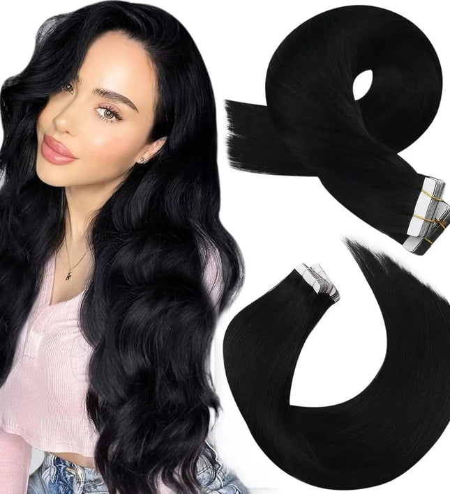 Extensions adhésives de cheveux naturels longs en noir profond ondulé