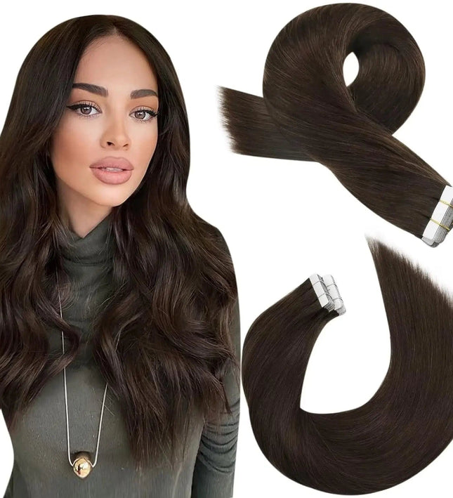 Extension adhésive en cheveux naturels longs marron pour un look volumineux et élégant