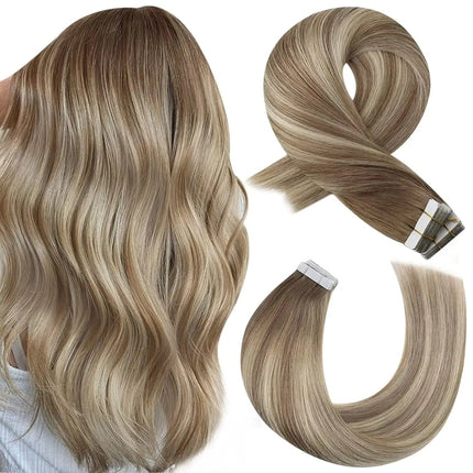 Extensions adhésives cheveux naturels blonds ondulés pour look sophistiqué et élégant.