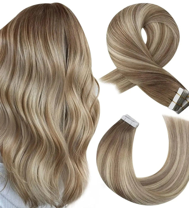 Extensions adhésives cheveux naturels blonds ondulés pour look sophistiqué et élégant.