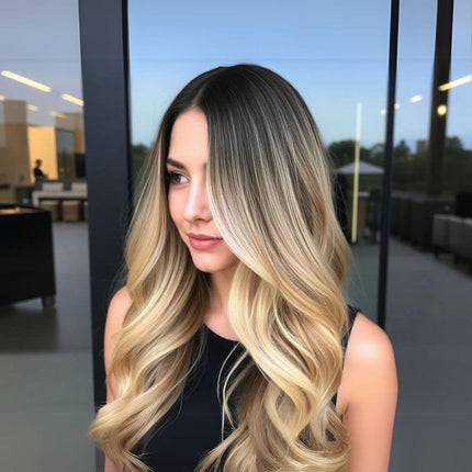 Extensions adhésives longues en cheveux naturels pour un ombré blond lumineux et élégant