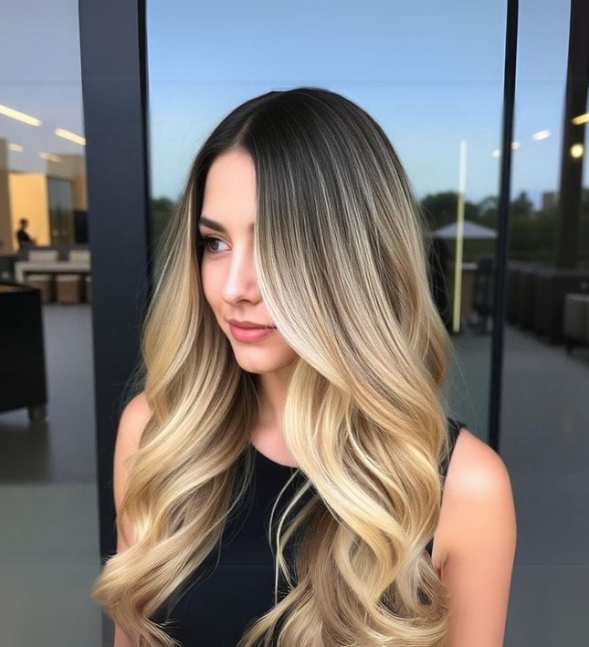 Extensions adhésives longues en cheveux naturels pour un ombré blond lumineux et élégant