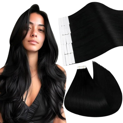 Extensions de cheveux naturels longs noirs avec adhésif pour un style sophistiqué