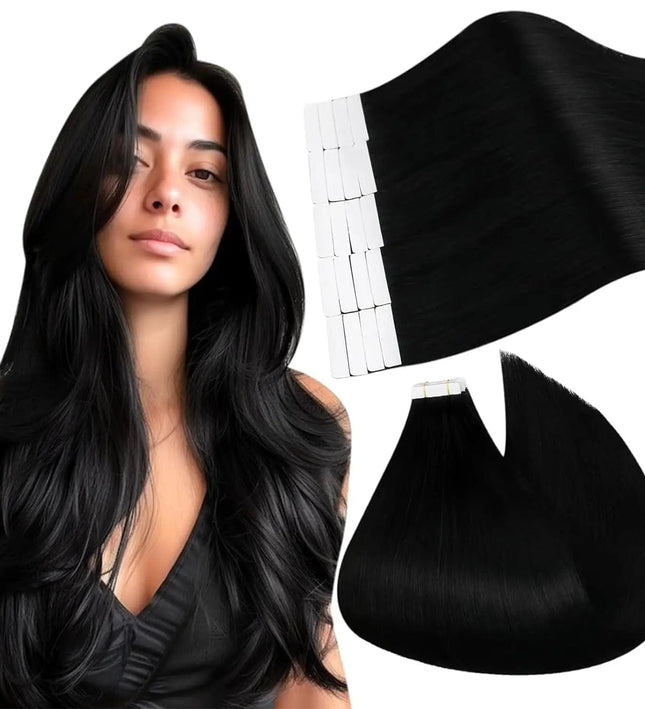 Extensions de cheveux naturels longs noirs avec adhésif pour un style sophistiqué