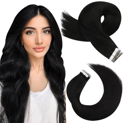 Extensions adhésives cheveux naturels noirs mi-longs pour look élégant et lisse