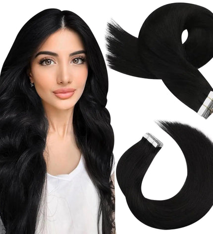 Extensions adhésives cheveux naturels noirs mi-longs pour look élégant et lisse