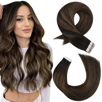 Extensions adhésives naturelles mi-longues brunes pour un look volumineux et élégant