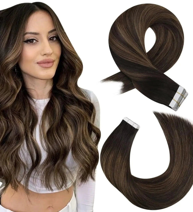 Extensions adhésives naturelles mi-longues brunes pour un look volumineux et élégant