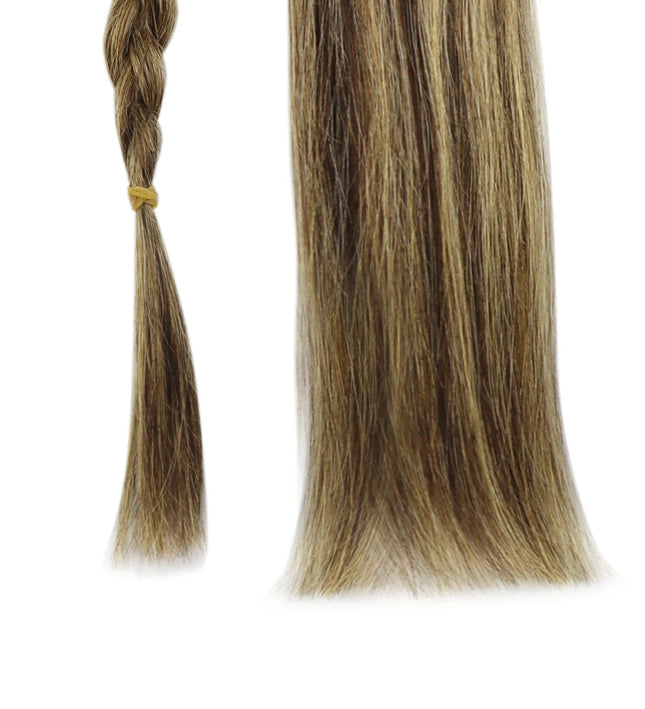 Extensions adhésives naturelles raides mi-longues couleur châtain clair pour cheveux lisses