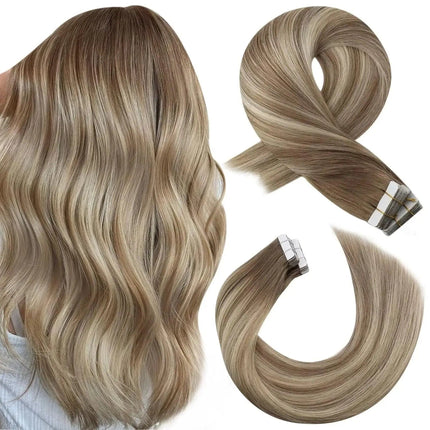 Extensions adhésives en cheveux naturels ondulés pour un ajout de longueur et de volume.