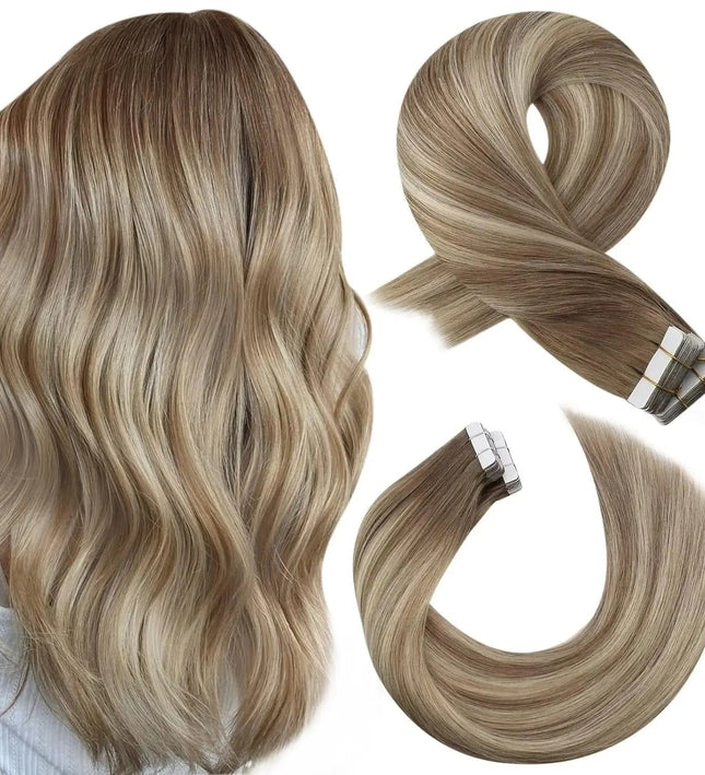 Extensions adhésives en cheveux naturels ondulés pour un ajout de longueur et de volume.