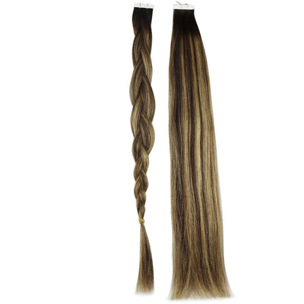 Extensions adhésives cheveux naturels raides mi-longs couleur châtain avec effet tressé.