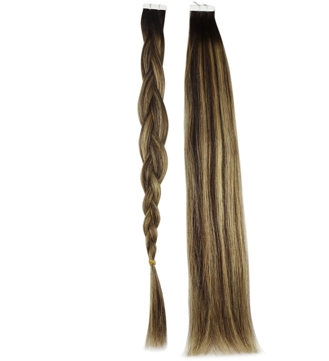 Extensions adhésives cheveux naturels raides mi-longs couleur châtain avec effet tressé.