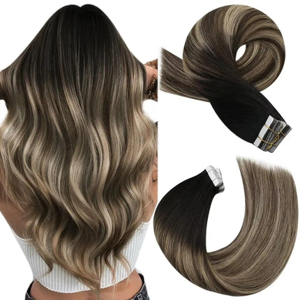 Extensions de cheveux naturels à bandes adhésives couleur ombrée brune et blonde