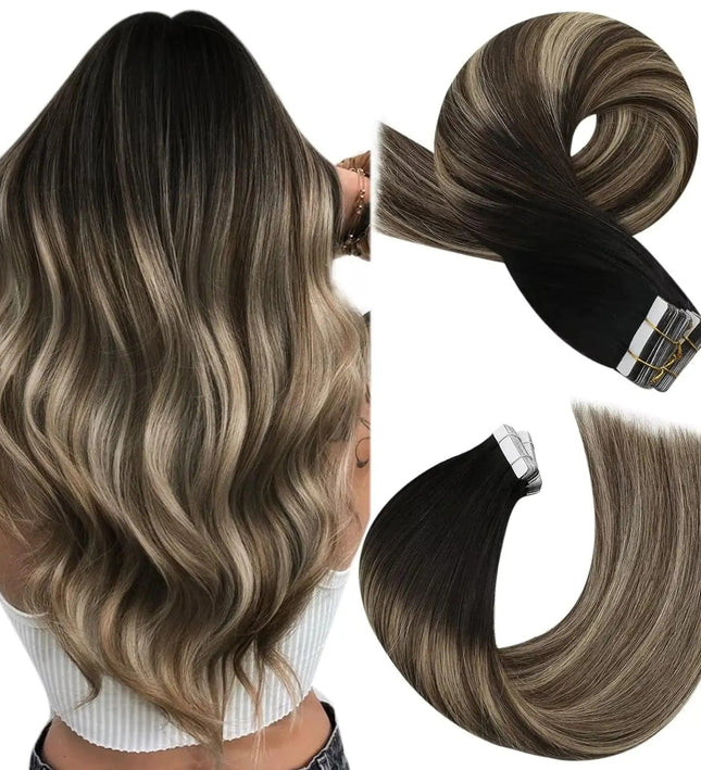 Extensions de cheveux naturels à bandes adhésives couleur ombrée brune et blonde