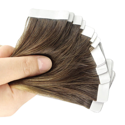 Extensions adhésives naturelles lisses châtain pour ajout de volume et longueur cheveux