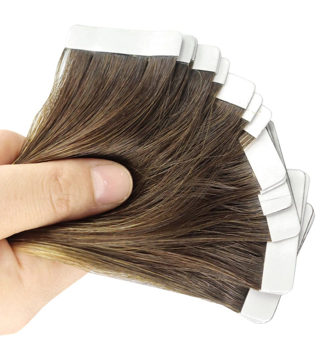 Extensions adhésives naturelles lisses châtain pour ajout de volume et longueur cheveux