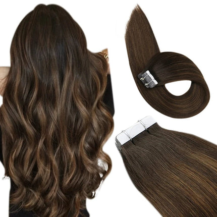 Extensions adhésives en cheveux naturels longs et lisses bruns pour femme moderne