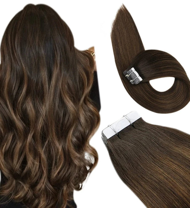 Extensions adhésives en cheveux naturels longs et lisses bruns pour femme moderne