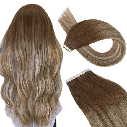 Extension adhésive longue ombrée brune et blonde en cheveux naturels raides pour femme