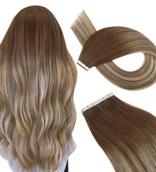 Extension adhésive longue ombrée brune et blonde en cheveux naturels raides pour femme