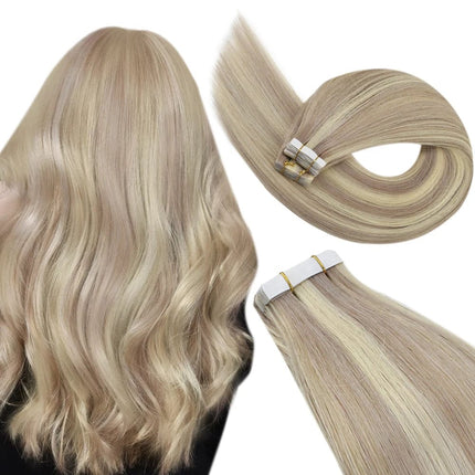 Extensions de cheveux adhésives longues et lisses couleur blond platine pour femmes