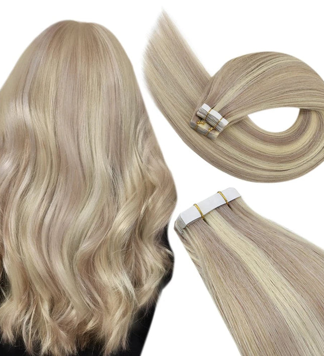 Extensions de cheveux adhésives longues et lisses couleur blond platine pour femmes