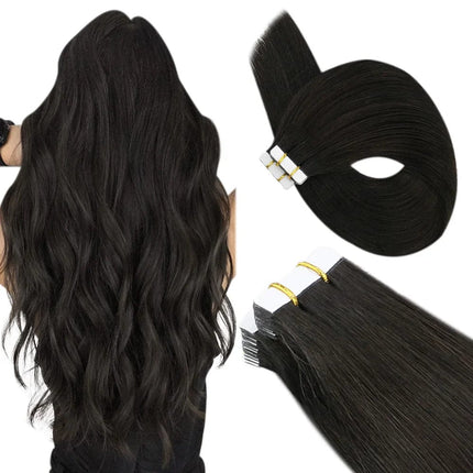 Extensions adhésives en cheveux naturels longs et raides pour femme, couleur brun foncé